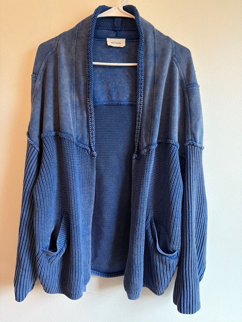 Heyson Acid Wash Open Front Cardigan Mixed Media Blue Raw Hem w/Pockets | Sz 1XL